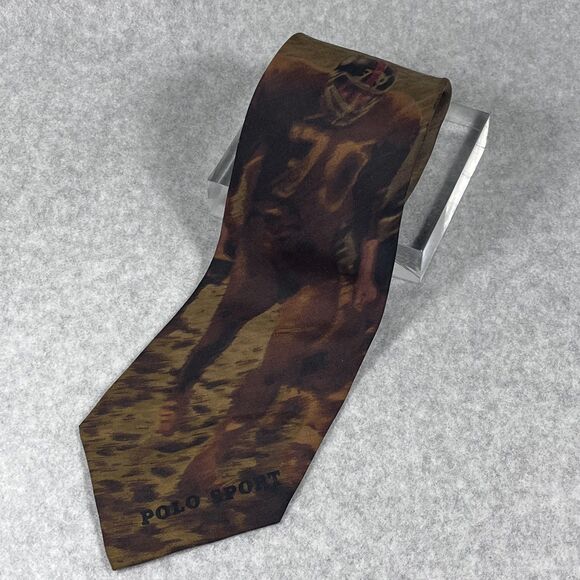 Polo Ralph Lauren Tie Mens Brown Silk Football Player Print Polo Sport Made USA - Picture 15 of 15